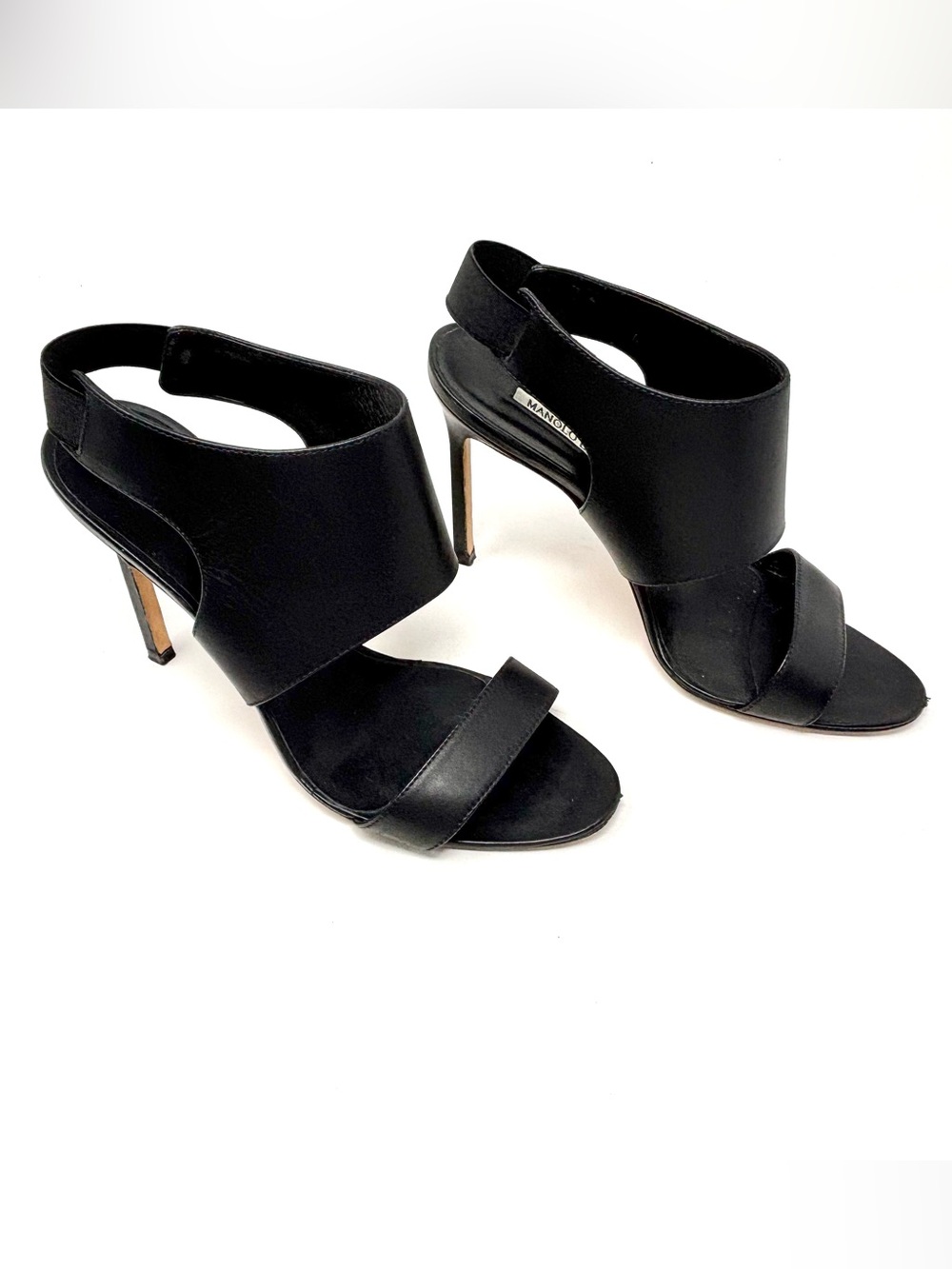 Manolo Blahnik Vintage Slingback Wide Ankle Cuff Black Leather Stiletto Heels 38